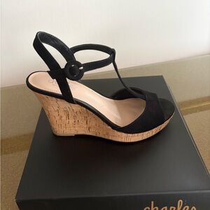 Charles David Black Cork Wedge Sandals